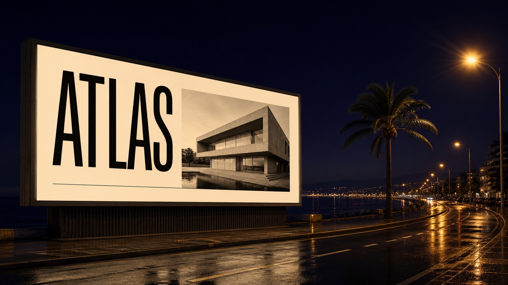 Gece sahil yolunda ATLAS mimarlık ofisinin billboard ilanı